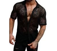 Chemise Homme Grande Taille, Chemise LéGèRe pour Homme à Manches Courtes Et Motifs AjouréS Style Streetwear Tendance Transparent en Dentelle Boutons Transparents DéContractéE