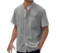 Chemise Homme Lin Coton Col Mao Chemise Manches Courts Décontractée Uni Henley Shirts en Lin été Grande Taille Shirt de Plage Classique Casual pour l'extérieur (Grey, XXXL)