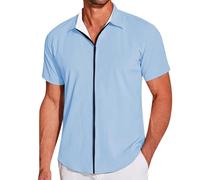 Chemise Homme Manches Courtes à Fermetures Eclair Chemise Homme Couleur Unie de Sport Décontracté Travail Chemisette pour Hommes Col Revers à Zip Chemises Habillé Slim Fit Surchemise Grande Taille