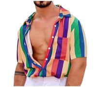Chemise Homme Manches Courtes- Chemise Ete Imprimé à Rayures Arc-en-Ciel Décontracté Coupe Ample Chic Confortable Style Streetwear Blouse De Tous Les Jours Extérieur Nouvelle Plage