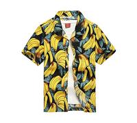 Chemise Homme Manches Courtes, Chemise Funky/Jaune Banane/Imprimé Chemise Hawaïenne Col Cubain/Noir/Chemise À Manches Courtes Boutonnée Devant Haut Doux Hommes Chemise De Plage pour Hommes, XXL