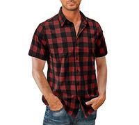 Chemise Homme Manches Courtes Correspondance Couleurs Carreaux Chemise Homme Été Décontractée Chemise Revers Patte Boutonnage Damier Chemise Ample Respirante Plage Chemise Homme G-Red M