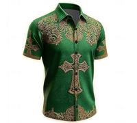 Chemise Homme Manches Courtes pour Saint Patrick - Chemisette Homme avec Imprimé Dorée Baroque Intégrale sur Tissu à Effet Luxueux - pour une Fête, une Occasion Formelle ou un Style Rétro Raffiné