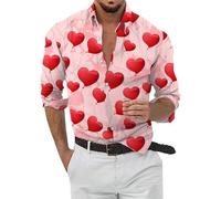 Chemise Homme Mode Décontractée Impression Numérique 3D Amour Saint Valentin Forme de Coeur Manches Longues, Rose, L