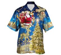 Chemise Homme Noel, Haut de Chemise À Manches Courtes avec Bouton de Et Impression Numérique du Père Noël en 3D Pours (Blue M)