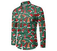 Chemise Homme Noel Humour, Chemises de Noël Pours Automne Et Hiver Manches Longues Boutons Imprimé Complet Chemises D'Ambiance Spéciales Amusantes (Army Green XXL)