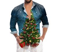 Chemise Homme Noel Humour, Haut de Chemise À Manches Longues avec Bouton de de Vacances Pours Impression Numérique 3D de Noël (Green XL)