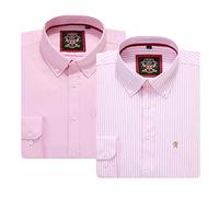 Chemise Homme Oxford Bouton vers le bas 1 Plaine + 1 Rayé Ensemble combiné, Bureau ou w nd, Tissu Oxford authentique, 12 couleurs. (Pack of 2 Shirts,Pink,L)