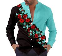 Chemise imprimée à Fleurs pour Hommes Chemise à Manches Longues imprimée en 3D d'une Fleur de Rose Vintage Regular Chemisier boutonné à col Montant Top
