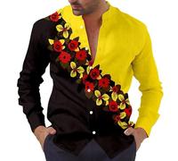 Chemise imprimée à Fleurs pour Hommes Chemise à Manches Longues imprimée en 3D d'une Fleur de Rose Vintage Regular Chemisier boutonné à col Montant Top