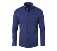 Chemise infroissable à manches longues pour homme - Sans plis, élastique, coupe confortable, couleur unie, haut formel décontracté boutonné, bleu marine, 3XL