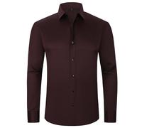 Chemise infroissable à manches longues pour homme - Sans plis, élastique, coupe confortable, couleur unie, haut formel décontracté boutonné, café, M