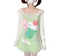 Chemise Kawaii y2k pour Femme -Sweat-Shirt à col Rond imprimé Graphique Hauts en Dentelle à épaules dénudées t-Shirt décontracté Graphique Japonais Mignon (Vert,M)