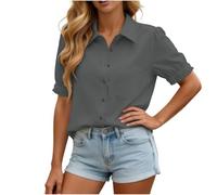 Chemise Lin Coton Femme Eté Chemisier Tops Col Revers Manches Courtes avec Boutons Haut Chic et Elegant Couleur Unie Ample Respirant T-Shirts Grande Taille Tunique Blouse de Plage