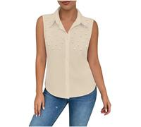 Chemise Lin et Coton Femme été Chemisier Tank Col Revers Perlé sans Manches Boutons Haut Chic et Elegant Confort Couleur Unie LâChe Respirant T-Shirts Grande Taille Tunique Blouse