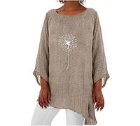 Chemise Lin Femme, Chemisier Coton et Lin à Col en Rond Manches Longues Brodé Tops Chemisier Femme Chic et élégant LâChe et Respirant Grande Taille Pas Cher Décontractées Tunique Blouse