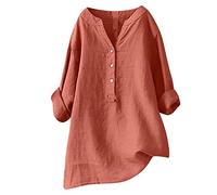 Chemise Lin Femme Chemisier Coton Et Lin pour Femmes Col en V Bouton Manches Longues Tops Couleur Unie LâChe Respirant T-Shirts Grande Taille Pas Casual Tunique Blouse