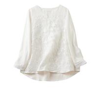 Chemise Lin Femme Chemisier Coton et Lin Vintage Brodée Fleurs Chic et Élégant T-Shirts Grande Taille Manches Longues Col Rond Décontracté Coton Lin Tunique Blouse Baggy Tops Couleur Unie