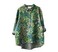 Chemise Lin Femme Chic et élégant Chemisier Col V Boutons Manches Longues Tops Grande Taille Pas Cher Fleur Imprimé Tunique Ample Destockage Vetement Femme ete Soldes Livraison 24h (01#7-Black, XXL)