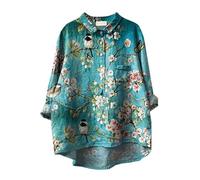 Chemise Lin Femme Chic et élégant Chemisier Col V Boutons Manches Longues Tops Grande Taille Pas Cher Fleur Imprimé Tunique Ample Destockage Vetement Femme ete Soldes Livraison 24h (01#9-Khaki, XXL)