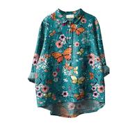Chemise Lin Femme Chic et élégant Chemisier Col V Boutons Manches Longues Tops Grande Taille Pas Cher Fleur Imprimé Tunique Ample Destockage Vetement Femme ete Soldes Livraison 24h (01#9-Pink, XXL)