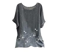 Chemise Lin Femme, Col en Rond Manches Courtes Imprimé Tops Chemisier Femme Chic et élégant LâChe et Respirant Chemisier Coton et Lin Baggy Top Casual Grande Taille Pas Cher Tunique Blouse