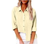 Chemise Lin Femme Col en V Bouton Manches Longues Chemisier Coton Et Lin pour Femmes Couleur Unie Chemise LâChe Respirant T-Shirts Grande Taille Pas Cher Casual Coton Tunique Blouse