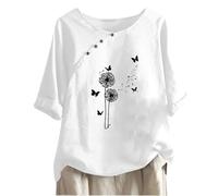 Chemise Lin Femme Décontracté T-Shirt Léger Tunique Boutonnée à Imprimé Fleuri Hauts Col Rond Manches Courtes Coton Lin Blouses pour Le Bureau Tee Shirt Confortable Tops Pas Cher Casual