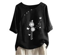 Chemise Lin Femme Décontracté T-Shirt Léger Tunique Boutonnée à Imprimé Fleuri Hauts Col Rond Manches Courtes Coton Lin Blouses pour Le Bureau Tee Shirt Confortable Tops Pas Cher Casual