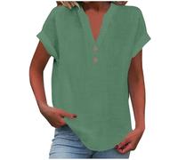 Chemise Lin Femme Éte Chemisier Coton et Lin Col V Boutons Manches Courtes Blouse Femmes Chic et Élégant T-Shirts Décontractés Tops D'été Lâche Respiran Tunique pour Le Quotidien
