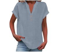 Chemise Lin Femme Éte Chemisier Lin et Coton Col V Boutons Manches Courtes Blouse Femmes Chic et Élégant T-Shirts Décontractés Tops D'été Lâche Respiran Tunique Rouge pour Le Quotidien