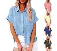 Chemise Lin Femme Été Décontractés Chemisier et Blouses Coton Lin Simple Boutonné Ample Hauts à Revers Tee Shirt Grande Taille Couleur Unie Haut Femmes Manche Longue Chic et Elégant