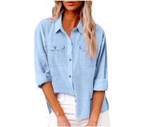 Chemise Lin Femme Été Décontractés Chemisier et Blouses Coton Lin Simple Boutonné Ample Hauts à Revers Tee Shirt Grande Taille Couleur Unie Haut Femmes Manche Longue Chic et Elégant