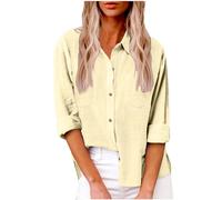 Chemise Lin Femme Été Décontractés Chemisier et Blouses Coton Lin Simple Boutonné Ample Hauts à Revers Tee Shirt Grande Taille Couleur Unie Haut Femmes Manche Longue Chic et Elégant