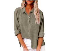 Chemise Lin Femme Été Décontractés Chemisier et Blouses Coton Lin Simple Boutonné Ample Hauts à Revers Tee Shirt Grande Taille Couleur Unie Haut Femmes Manche Longue Chic et Elégant