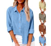 Chemise Lin Femme Été Décontractés Chemisier et Blouses Coton Lin Simple Boutonné Ample Hauts à Revers Tee Shirt Grande Taille Couleur Unie Haut Femmes Manche Longue Chic et Elégant
