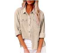 Chemise Lin Femme Été Décontractés Chemisier et Blouses Coton Lin Simple Boutonné Ample Hauts à Revers Tee Shirt Grande Taille Couleur Unie Haut Femmes Manche Longue Chic et Elégant