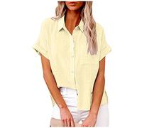 Chemise Lin Femme Été Décontractés Chemisier et Blouses Coton Lin Simple Boutonné Ample Hauts à Revers Tee Shirt Grande Taille Couleur Unie Haut Femmes Manche Longue Chic et Elégant