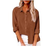 Chemise Lin Femme Été Décontractés Chemisier et Blouses Coton Lin Simple Boutonné Ample Hauts à Revers Tee Shirt Grande Taille Couleur Unie Haut Femmes Manche Longue Chic et Elégant