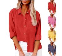 Chemise Lin Femme été Haut Chic et ÉLéGant Coton Lin T-Shirt Manche Longue Col en V Chemisiers et Blouses Tunique Tops avec Boutons DéContractéS Ample Couleur Unie Blouse Vetement Soldes 2025