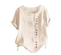 Chemise Lin Femme Ete Manches Courtes Oversized Chemisier Femme Chic Et Élégant Grande Taille Fleur Pissenlit Blouse Femme Fluide Ample Decontractee Chemisier Col Rond Souple Classique (Beige, XXL)