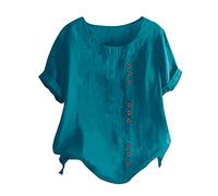 Chemise Lin Femme Ete Manches Courtes Oversized Chemisier Femme Chic Et Élégant Grande Taille Fleur Pissenlit Blouse Femme Fluide Ample Decontractee Chemisier Col Rond Souple Classique Top (Green, L)