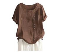 Chemise Lin Femme Ete Manches Courtes Oversized Chemisier Femme Chic Et Élégant Grande Taille Fleur Pissenlit Blouse Femme Fluide Ample Decontractee Chemisier Col Rond Doux Top (Brown, XL)