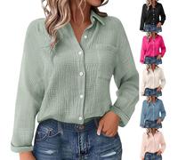 Chemise Lin Femme Été Manches Longues - Chemisier Femme Ete Fluide Et Ample Chemise Avec Poche Et Bouton Haut Décontractés Blouse Respirant Haut Ample Top Couleur Unie T Shirt Anti Uv Summer Top