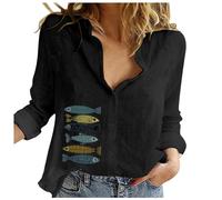 Chemise Lin Femme Imprimé Chemisier Coton Et Lin pour Femmes Col en V Bouton Manches Longues Tops Couleur Unie LâChe Respirant T-Shirts Grande Taille Pas Casual Tunique Blouse