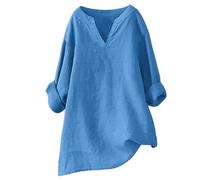 Chemise Lin Femme Manches Courtes Top Femme Chic Et Élégant Chemise Lin Manches Courtes Été Haut en Simili Léger comme Une, Matière Douce Et Agréable, Idéal pour La Saison Estivale Chemisier Bleu
