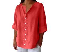 Chemise Lin Femme Manches Longues Chemisier Coton et Lin pour Femmes Col en V Bouton Tops Couleur Unie LâChe Respirant T-Shirts Chemisiers et Blouses Grande Taille Casual Tunique Blouse