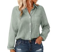 Chemise Lin Femme Manches Longues Col en V Amples Blouse Chic et Élégant Bouton Haut avec Poche Respirante Anti-UV Décontractée Couleur Unie Chemisier Femme Mode Tunique Tops