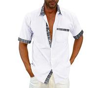 Chemise Lin Homme Col en V, T-Shirts à Manches Courtes Homme Formelle avec Poches BoutonnéEs Et Carreaux Couleur ContrastéE Patchwork Blouse D'ExtéRieur Top d'affaires Haut Coupe RéGulièRe Tunique