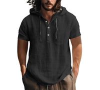 Chemise Lin Homme en Coton et Lin Pour L'Europe et Les États-,Pull À Capuche À Manches Courtes,T-Shirt de Plage Décontracté Pour Le Chemisette de Plage Hommes Randonnée & Marche(Black, Xxxl)